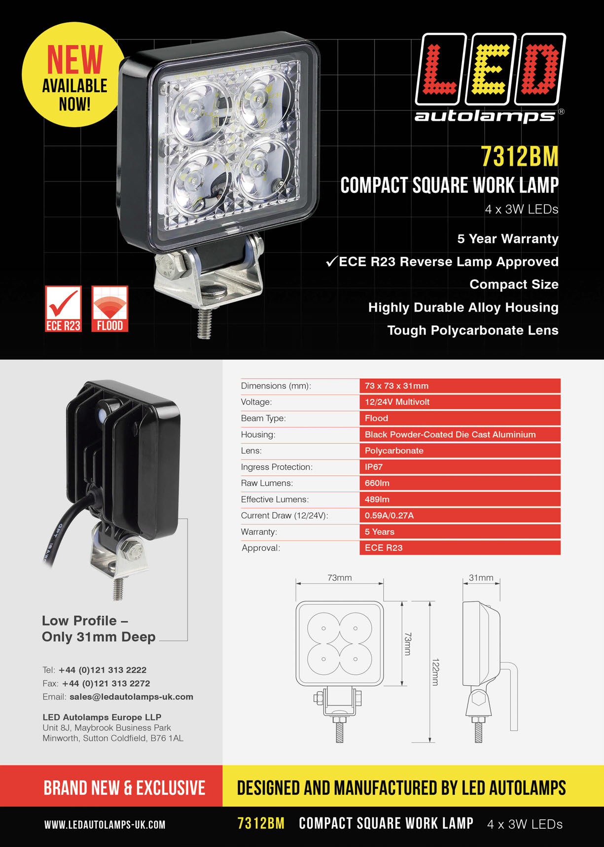 Led Werklamp vierkant 73 660 lumen 4 leds spotlicht 12/24V