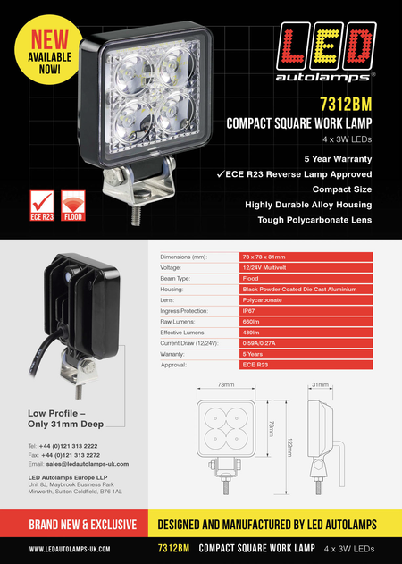 Led Werklamp vierkant 73 660 lumen 4 leds spotlicht 12/24V