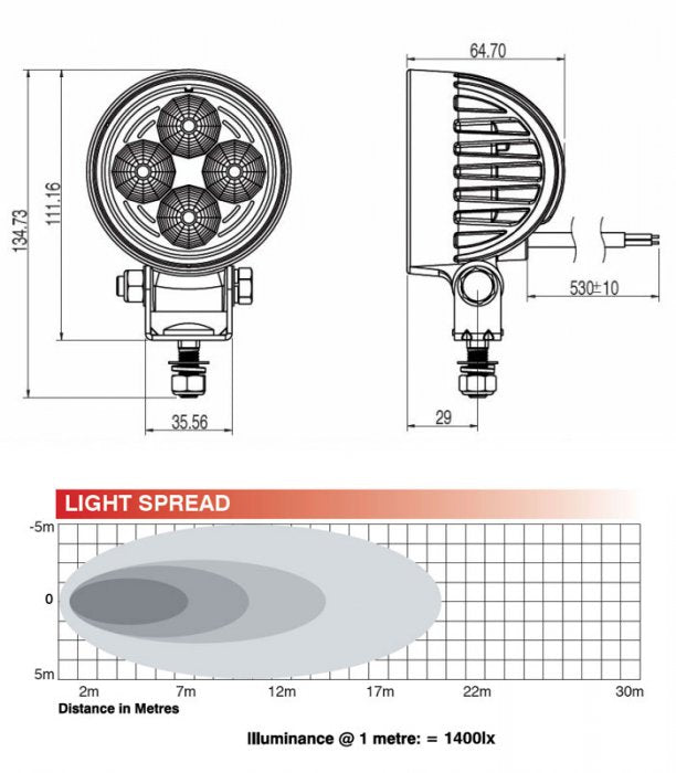 Led Werklamp rond 84mm 800 Lumen 4 led breedlicht 12/24V